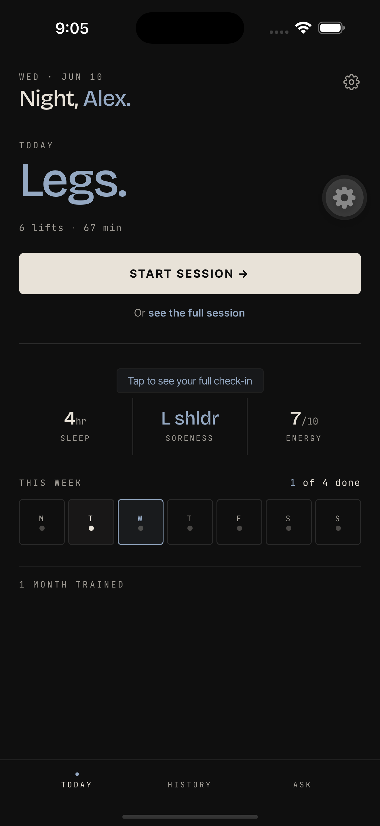 Decade app home screen showing today's workout session